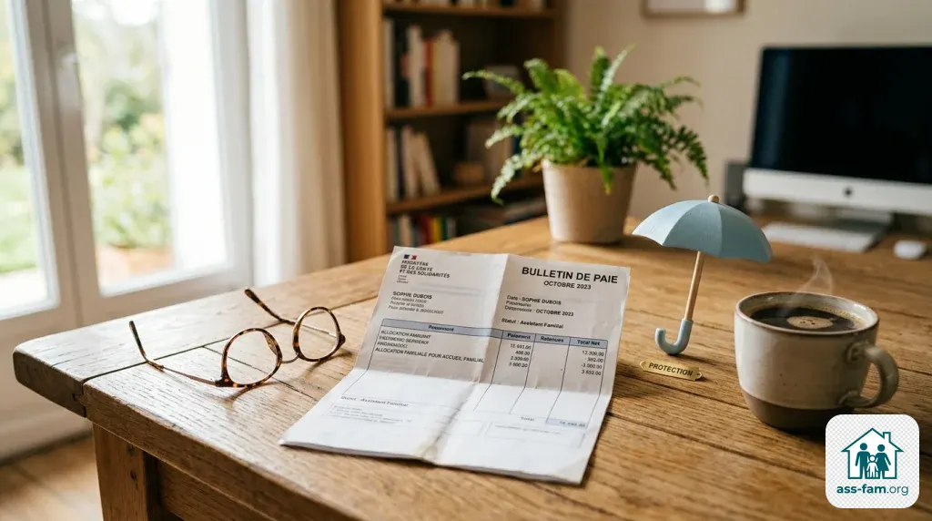 Bulletin de paie posé sur une table en bois à côté de lunettes et d'un petit parapluie symbolisant la protection et la prévoyance financière d'un assistant familial.