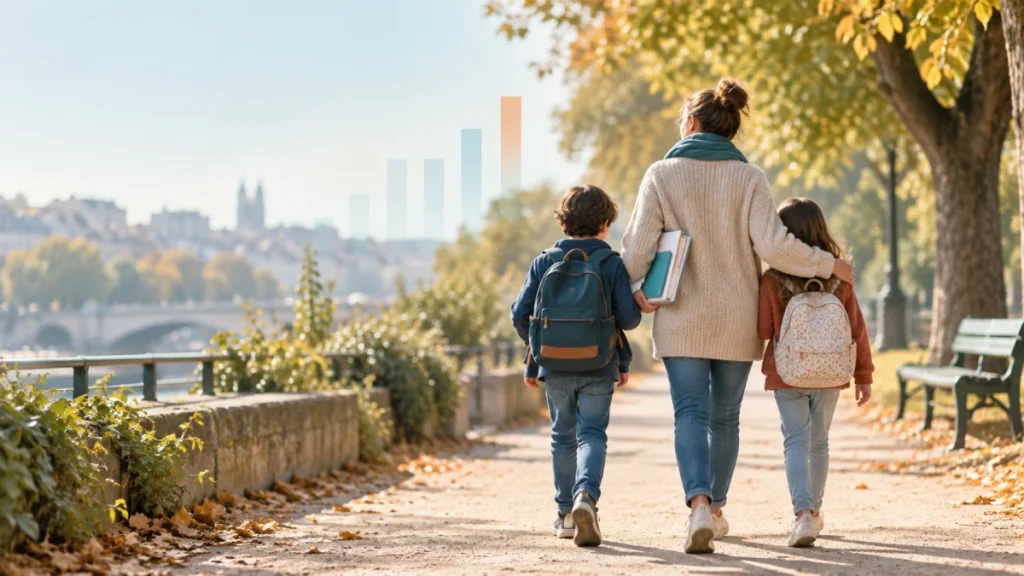 Une assistante familiale marche avec deux enfants, illustration des premiers résultats ASE 2025