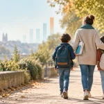 Une assistante familiale marche avec deux enfants, illustration des premiers résultats ASE 2025