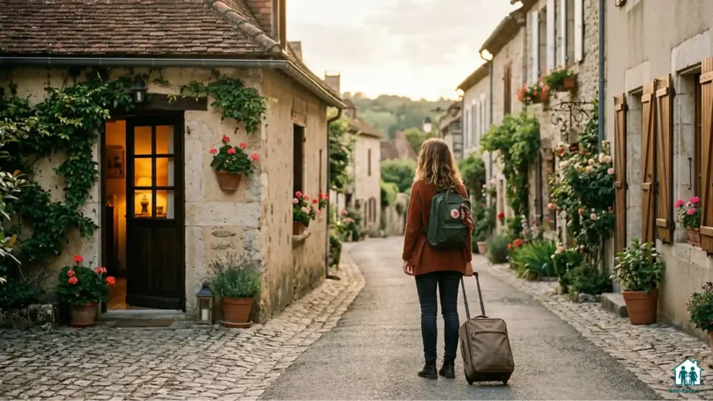 Une jeune femme avec un sac à dos se tient devant une porte entrouverte, lumière chaude à l'intérieur
