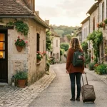 Une jeune femme avec un sac à dos se tient devant une porte entrouverte, lumière chaude à l'intérieur