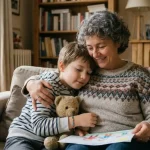 Une assistante familiale souriante enlaces chaleureusement un jeune garçon assis à côté d'elle sur un canapé