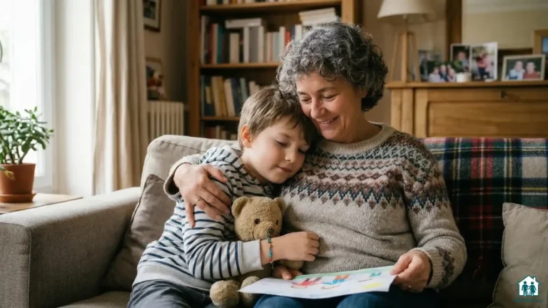 Une assistante familiale souriante enlaces chaleureusement un jeune garçon assis à côté d'elle sur un canapé