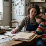 Assistant familial, travailleur social à domicile avec enfant et dossiers de suivi.