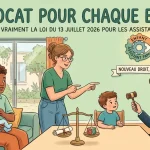 Illustration montrant une famille d'accueil et une avocate discutant avec un enfant. Le texte sur l'image se lit comme suit : « Un avocat pour chaque enfant : ce que change vraiment la loi du 13 juillet 2026 pour les assistants familiaux »