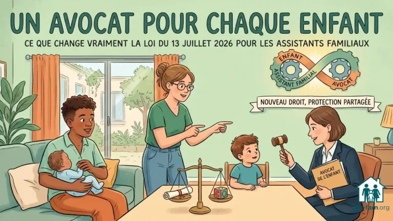 Illustration montrant une famille d'accueil et une avocate discutant avec un enfant. Le texte sur l'image se lit comme suit : « Un avocat pour chaque enfant : ce que change vraiment la loi du 13 juillet 2026 pour les assistants familiaux »
