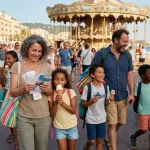 Une famille d'accueil nombreuse se promène en vacances pendant que la mère vérifie ses tickets de caisse et dépenses.