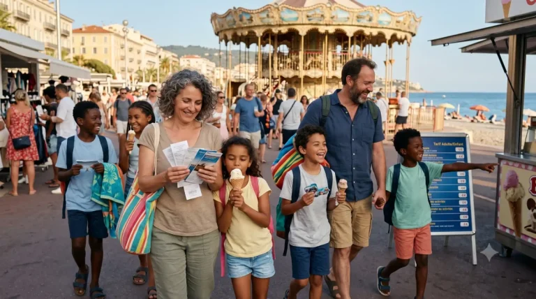 Une famille d'accueil nombreuse se promène en vacances pendant que la mère vérifie ses tickets de caisse et dépenses.