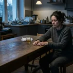 Assistante familiale épuisée seule à sa table de cuisine en fin de journée, illustrant l'isolement et la charge du métier