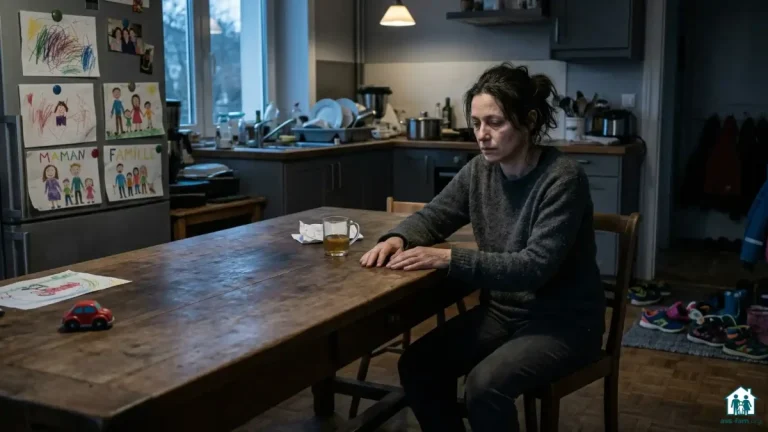 Assistante familiale épuisée seule à sa table de cuisine en fin de journée, illustrant l'isolement et la charge du métier