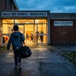 Un enfant accueilli en famille d'accueil arrive à la halle des sports municipale avec son sac, accompagné par son assistant familial.