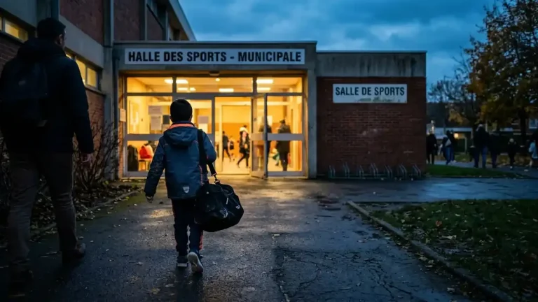 Un enfant accueilli en famille d'accueil arrive à la halle des sports municipale avec son sac, accompagné par son assistant familial.