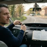 Assistant familial au volant devant une école de campagne, carnet de notes et tickets de frais posés sur le tableau de bord